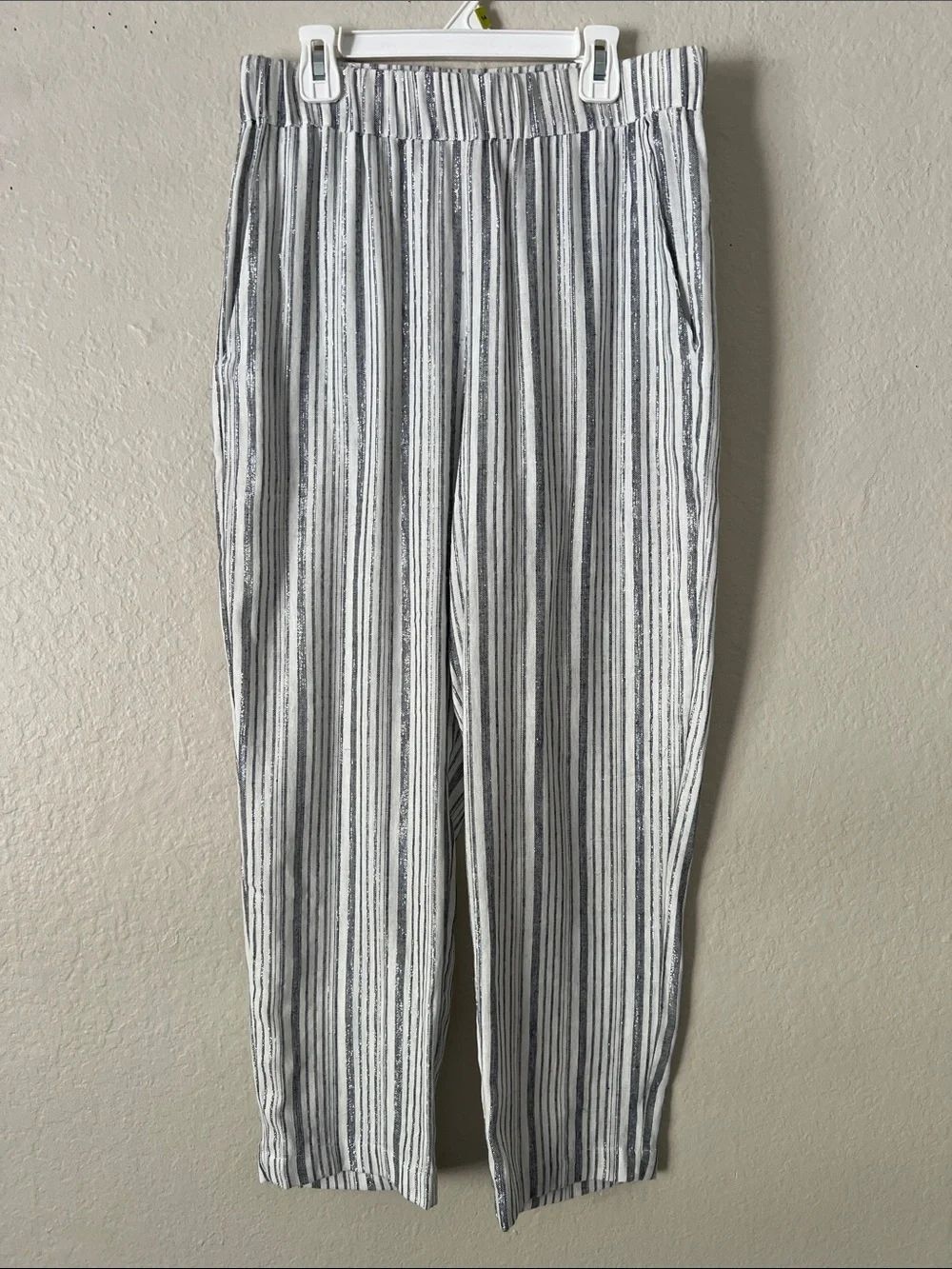 EUC 9SEED Linen & Cotton Blend Striped Silver/Navy Elastic Waist Pants P/S